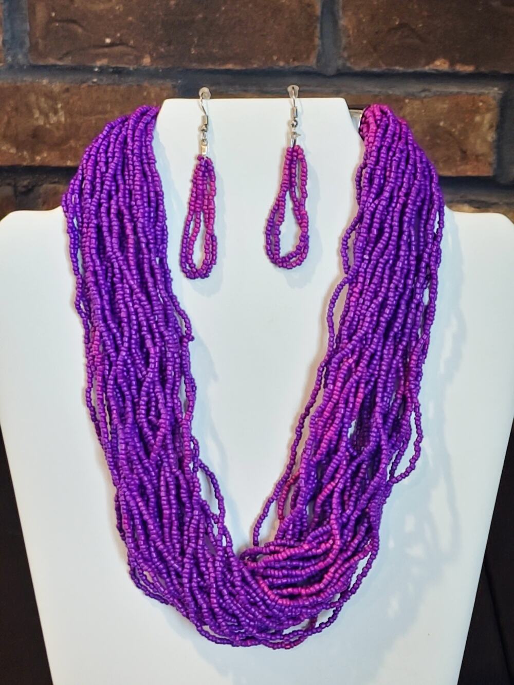 Multi Strand Purple Seed Bead Necklace with Matching Dangle Earrings